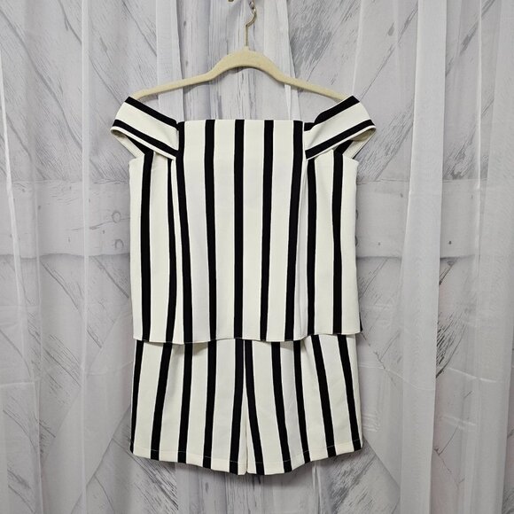 Topshop Romper Black Off White Striped Off Shoulder Layered 6 NWT - Picture 11 of 11